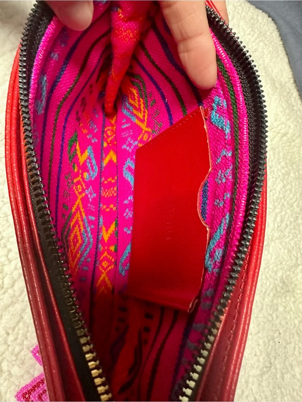 Tea & Tequilla Taco Bag Red pebbled shoulder Bag  Pink glass beaded Zigzag strap